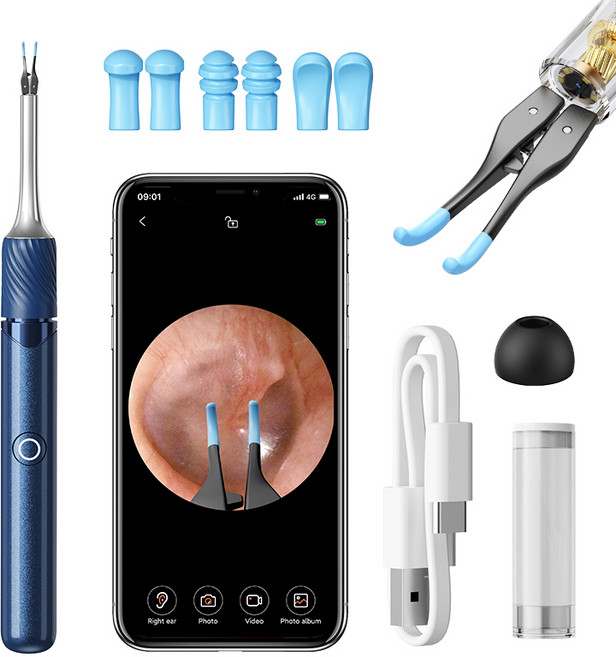 카메라가 포함된 귀 핀셋 시각적 귀지 제거 도구 12메가픽셀 검이경이 카메라 3-in-1 청소 키트 WiFi, blue