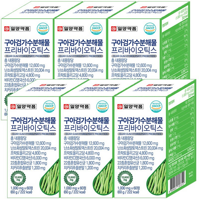 일양약품 구아검가수분해물 12600mg 프리바이오틱스 22종 프로바이오틱스 유산균 비타민C 식약처인정 배변, 6개, 60정
