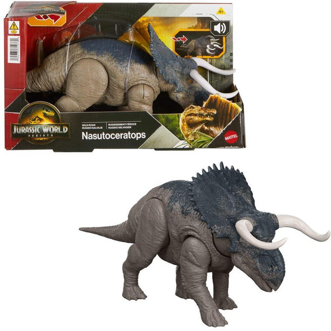 [4] Mattel 쥬라기 월드 와일드 로어 프테라노돈 공룡 액션 피규어 장난감 씹는 공격 조명 기능 및 포효 사운드 디지털 플레이를 위한 스캔 코드, Nasutoceratops