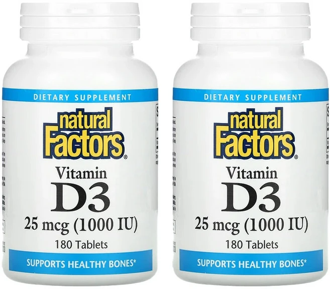 내추럴팩터스 Natural Factors 비타민 D3 25mcg 1000IU 180정 2개 콜레칼시페롤 Cholecalciferol 스테아린산 마그네슘 인산이칼슘, 2팩 - 쿠팡