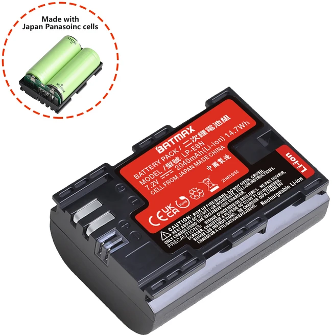 Batmax 2040mAh LP-E6N 배터리 일본 Panasoinc 셀 캐논 6D 7D 5DS EOS 90D R R5 R6 용 LED 듀얼 충전동