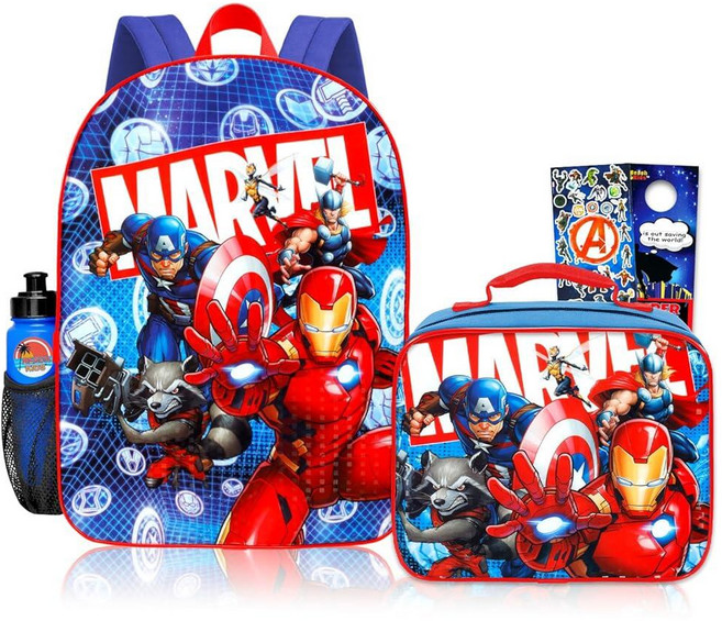 Marvel 어벤져스 남아용 백팩 및 런치 박스 - 아이언맨 캡틴 아메리카 모어 플러스 단열 런치 박스 스티커 물병이 특징인 40.6cm(16인치) 백팩 번들 | 아동용