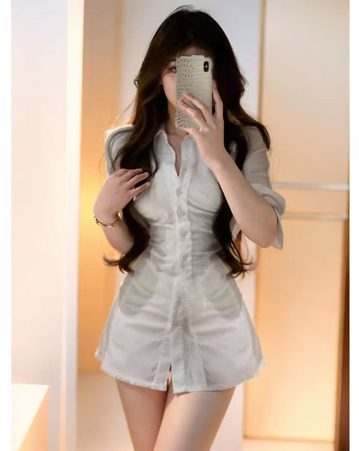 YioYcc 플리츠 셔츠형 슬림 미니 원피스