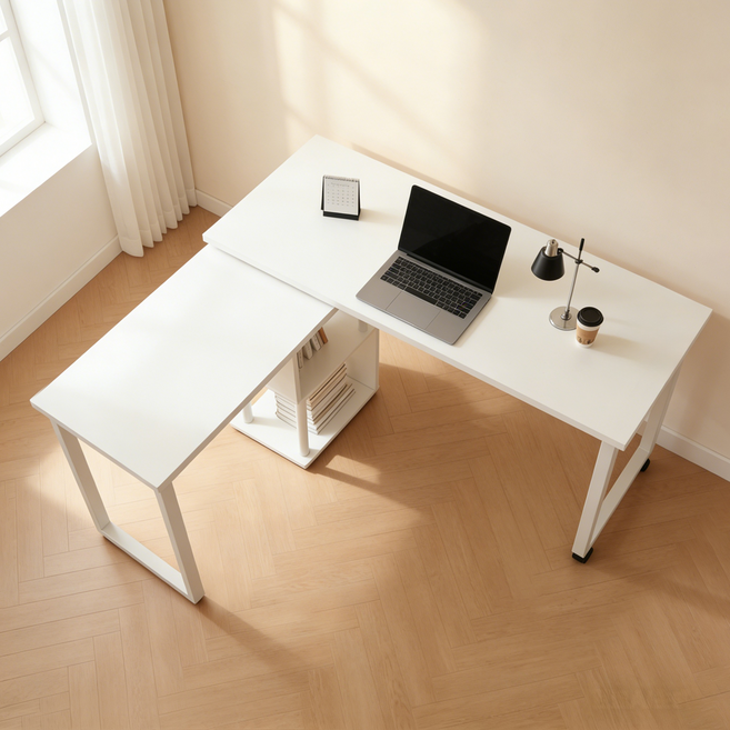 Unihome E0급 ㄱ자 360도 회전형 컴퓨터 게이밍 책상 확장형 사무용 테이블, 화이트