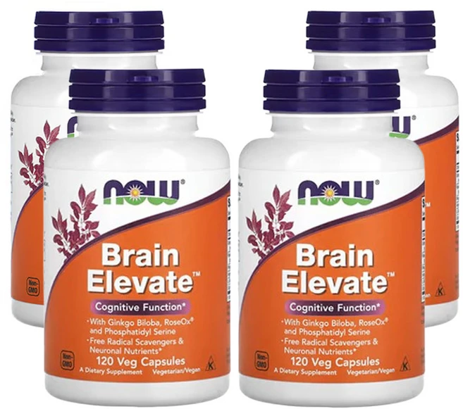NOW Foods Brain Elevate 베지캡슐120정 x 4 은행나무 Rose 추출물, 120정, 4개 - 쿠팡