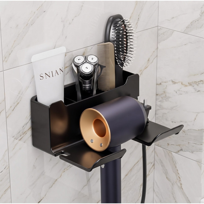 리치그로우 좁은 욕실 필수템 무타공 3칸 분리수납 드라이기 거치대 다용도 수납함 3Color, 블랙(Black), 1개