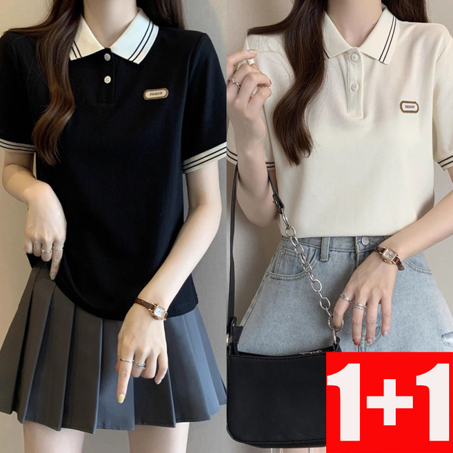 1+1여성 여름용 빅사이즈 폴로 반팔티 스쿨룩 캐주얼 상의 ZXC41669