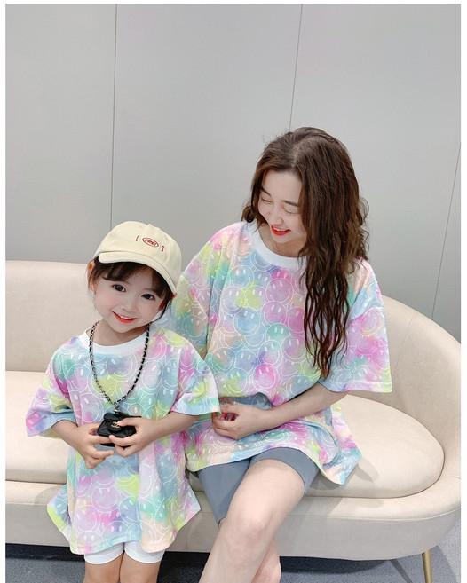 親子幻彩笑臉短袖T恤 夏季兒童女童上衣 母女父子兄弟姊妹裝