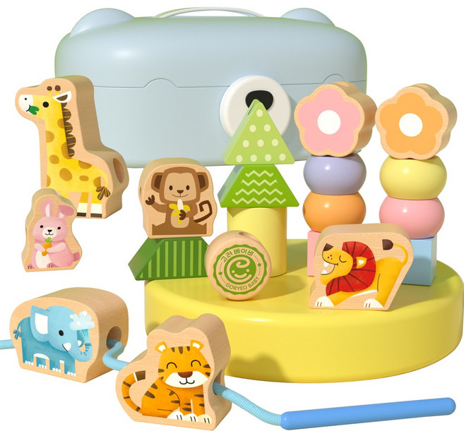 고려베이비 원목 실꿰기 놀이 소근육 발달 완구 장난감 구슬꿰기 교구 동물 도형 세트, 1세트