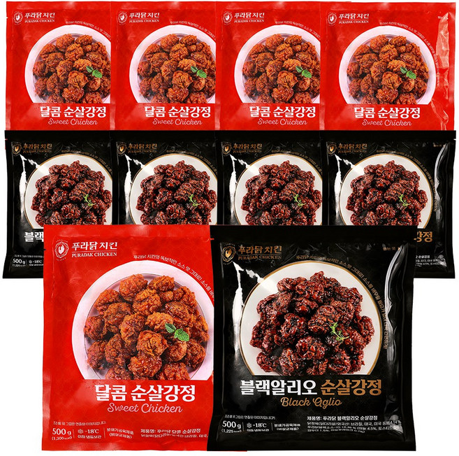 [무료배송/당일출고] 푸라닭 닭다리살 순살 닭강정 2종 혼합 (블랙알리오+달콤양념), 10개, 500g