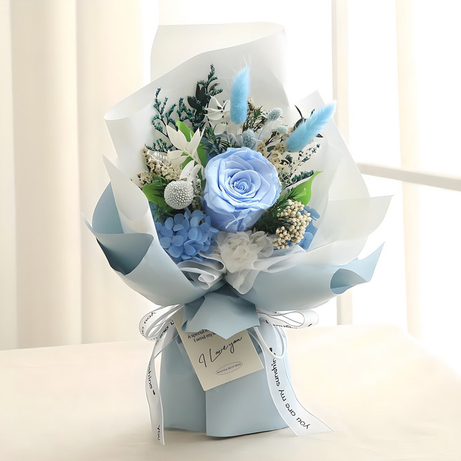 뷰티풀데코센스 생화 프리저브드 꽃다발 + 쇼핑백, 블루, 21.5 x 37 cm
