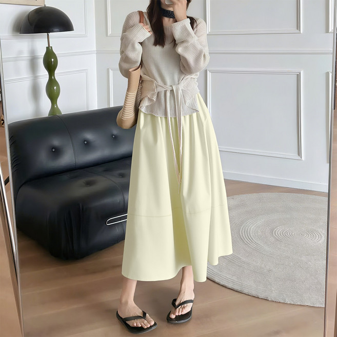 여성 여름 스커트 하이웨이스트 슬림핏 A라인 스커트 플리츠 롱스커트