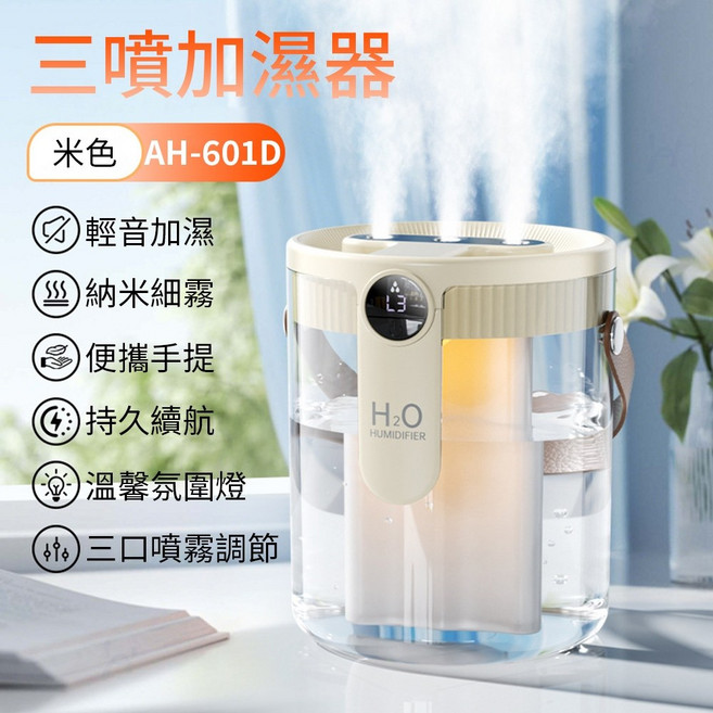 伊德萊斯 加濕器 香氛機 噴霧加濕器 3L 空氣清淨 母嬰適用 家用霧化器 靜音 水氧機, 1.5L可視款-三噴+智能數顯+便攜充電, AH-601D, -