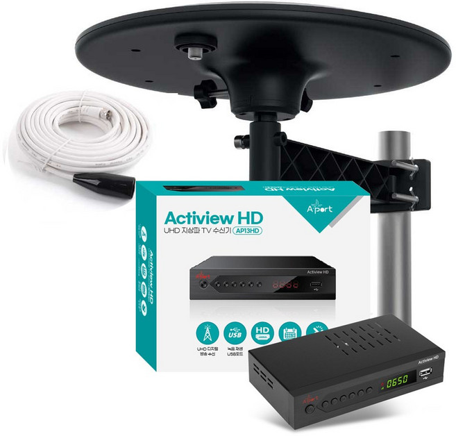 UHF실외용 4K UHD TV안테나 수신기10M 케이블 포함 접시형 지상파 디지털방송 수신기세트, 외장형 안테나+10M 케이블+수신기세트 블랙, 1개