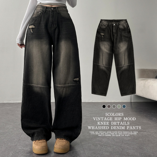 [힙무드/~XL] 밑단 데미지포인트 무릎절개라인 와이드 데님 팬츠 청바지 323번