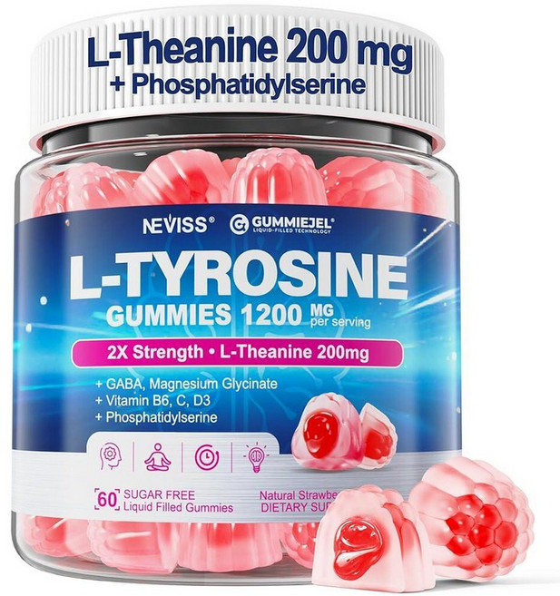 뇌영양제 뇌건강영양제 L 티로신 젤리 보충제 1200mg GABA L-테아닌 200mg 마그네슘 글리시네이트 비타민 B6 D3 및 C 포함 - 진정 집중력 기억력 기분, L 티로신 젤리 보충제 1200mg, GABA L-테아