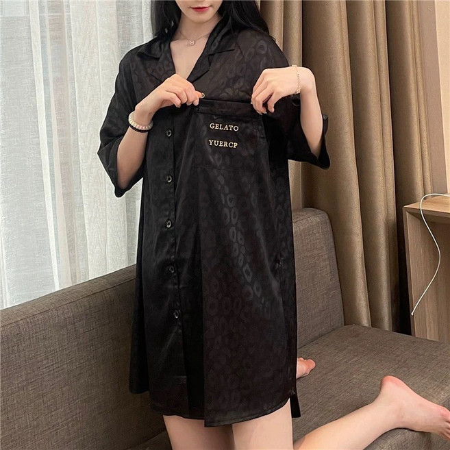 睡裙女士夏季冰絲豹紋性感襯衫仿真絲綢睡衣