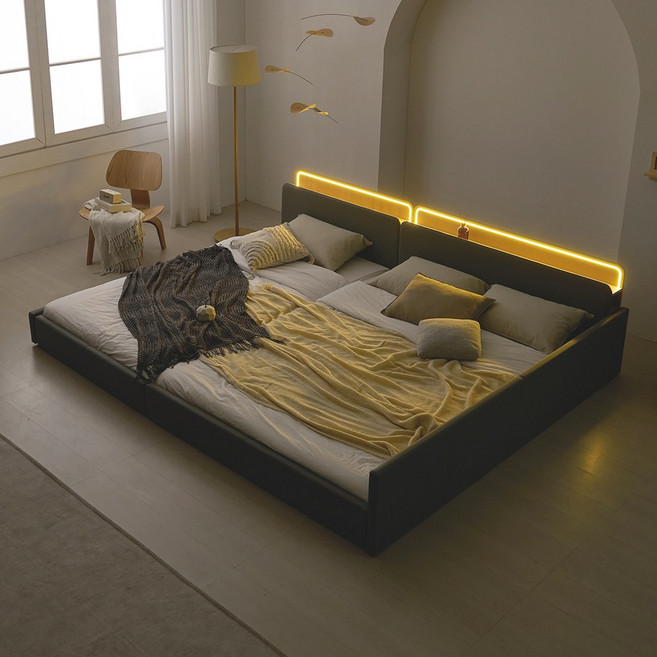 국내제작 인홈 위드유 LED 저상형 패밀리 침대 +라텍스탑 7존 독립 매트리스 포함, 그레이