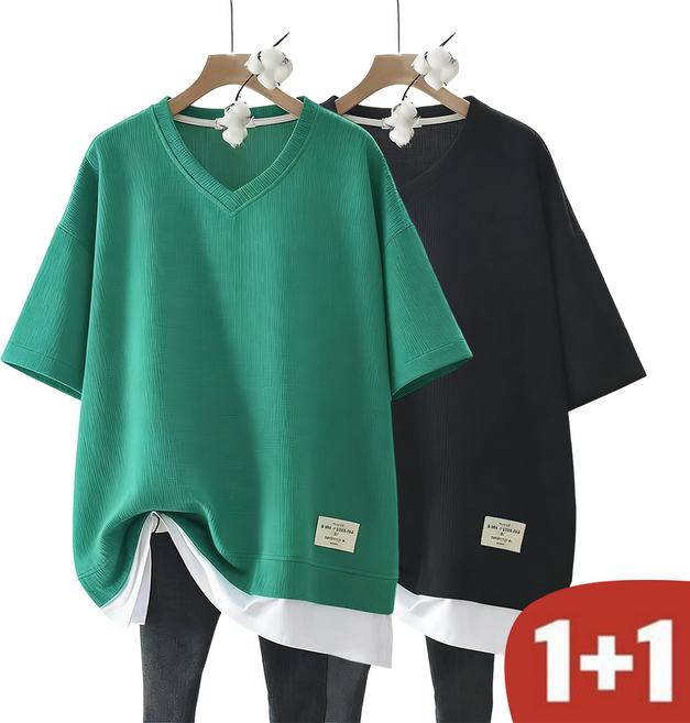 오스틱니 100kg까지 빅사이즈 1+1 날씬해보이는 레이어드 티셔츠 여성 여름 편한 브이넥 무지 박스반팔티 오버핏 심플 이너 간절기 외출코디 통기성이 좋은 시원한 반팔롱티 데일리