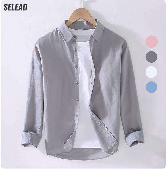 SELEAD 남성 베이직 린넨 단추 셔츠 긴팔 캐주얼 티셔츠 루즈한 다림질 프리 비즈니스 셔츠입니다 봄 여름 상의 자외선 차단복 회색 백색 남색