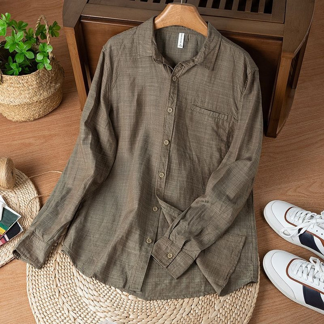남성 린넨 긴팔 셔츠 봄가을 캐주얼 트렌드 통기성 면 마 남방 빈티지 루즈핏 얇은 코트 상의 LJX