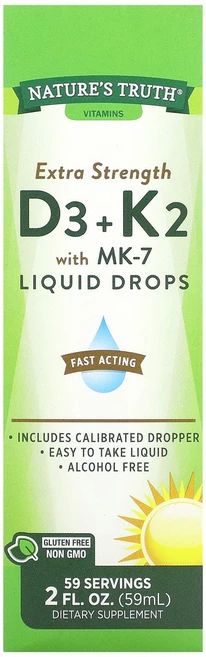 Nature's Truth 엑스트라 스트렝스 D3 + K2 MK-7 액상 드롭 함유 59ml(2fl oz), NaturesTruth엑스트라스트렝스D3K2MK7액상드, 1개, 59ml - 쿠팡