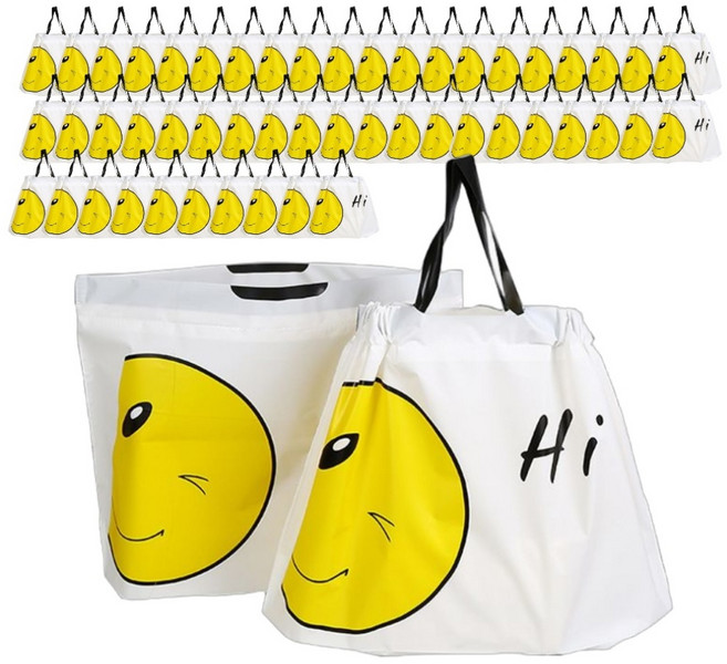 해피쇼핑 스마일 선물 포장 비닐 반투명 봉투 손잡이 쇼핑백 복주머니 간식 테이크아웃봉투, 50개