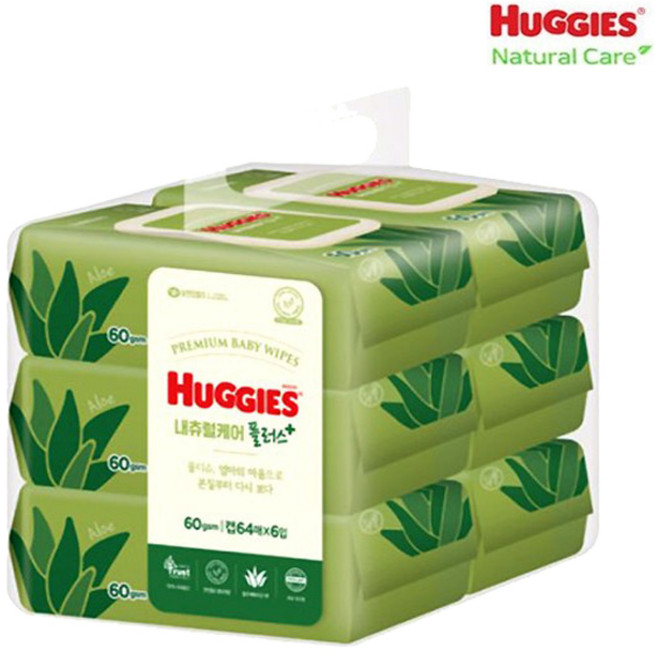 하기스 내츄럴케어 플러스 아기물티슈 캡64매 x6개, 60g, 64매, 6개