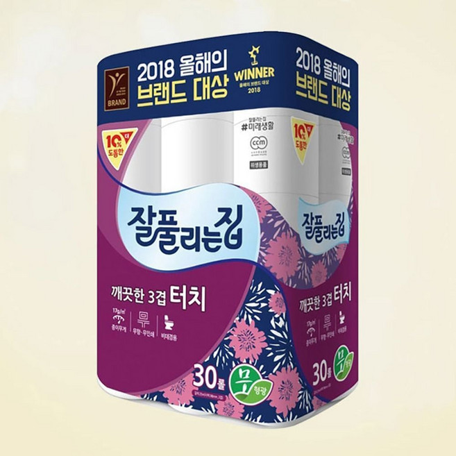 도톰한 3겹 화장지 30롤 두루마리휴지 화장실 16494EA 1(pc), 30, 터치30롤