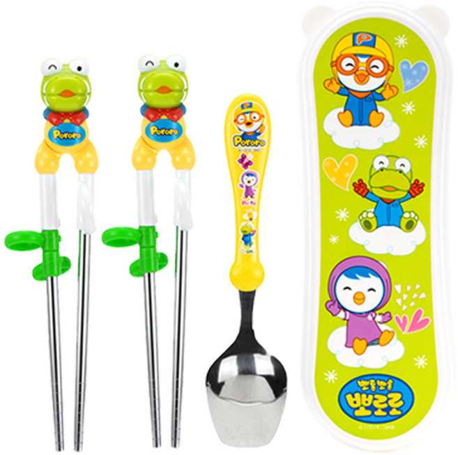 에디슨 뽀로로 크롱 입체 스텐 젓가락 1단계 + 이지 스텐 수저 케이스 세트, 그린, 젓가랏 2p + 숟가락 + 케이스, 1세트