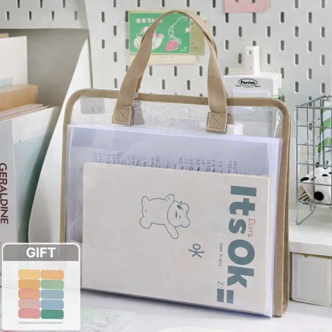 오키지 아코디언 파일 가방 13칸 대용량 투명 서류 정리 보관함, 1개, 모카베이지