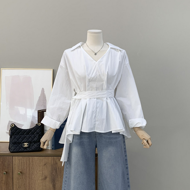 행복여 베티 핀턱 오픈 카라 벨트 세트 블라우스