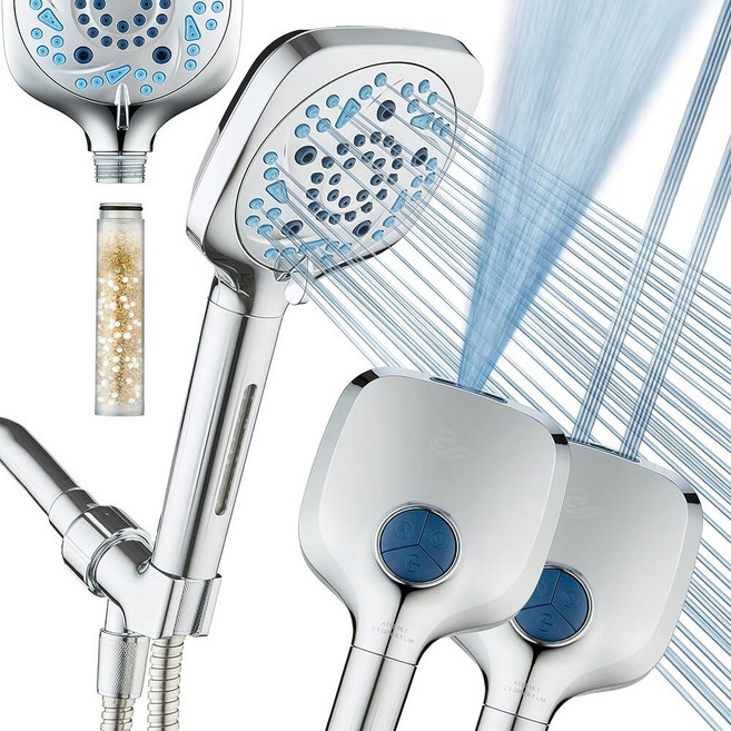 AquaCare 고압 10 모드 필터 핸드헬드 샤워 헤드 내장 파워 워시 - 욕조 타일 및 애완 동물을 청소하고 물에서 염소 금속 독소를 제거하여 피부 모발 손톱을 보호합, Chrome