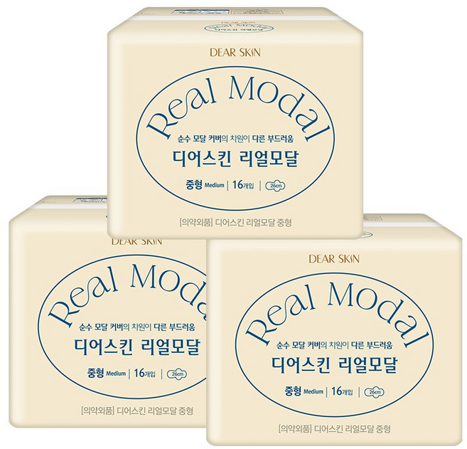 디어스킨 리얼모달 생리대 날개형, 중형, 16개입, 3개