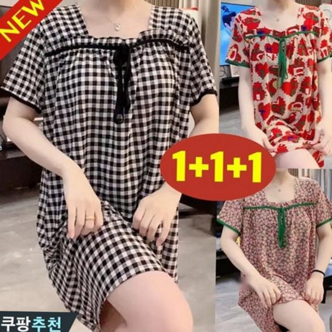 (완전 편한) 100kg까지 빅사이즈 1+1+1 여성 아이스 반팔 스퀘어넥 원피스 잠옷 여름 편한 딸기 체크 호피 프린트 패션 캐주얼 얇은 쿨 말랑마쥬 루즈핏 날씬해보이는 수면옷