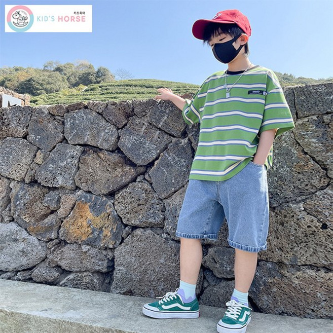 키즈목마 남아 줄무늬 반팔 티셔츠 데님 반바지 주니어 상하복 청반바지 337