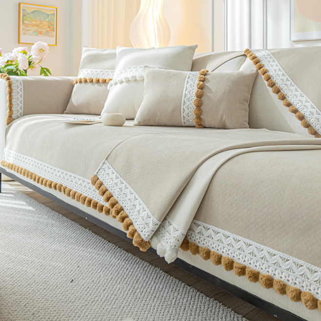 Bofung 사계절 순색 소파패드 쇼파매트 2-4인용 미끄럼 방지 북유럽 셰니어 자수 방울 트리밍