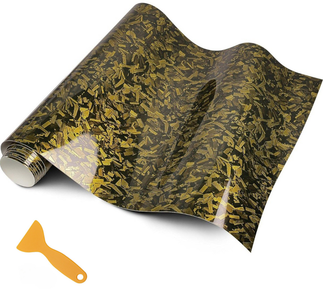 HahnRay차량용 카본시트지 6D단조 탄소섬유 비닐 랩 자동차실내 우드랩핑지 카본골드 30x150cm(부가 스크레이퍼), 1개