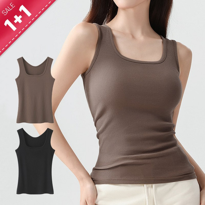 허블리 여성 스퀘어넥 골지 면 스판 민소매 나시 2장세트