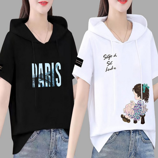 로즈엘리 캐쥬얼 깔끔핏 레터링 반팔 후드티셔츠 5컬러