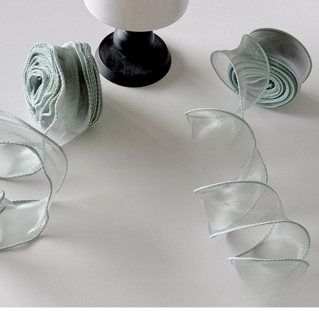 상일상회 선물 포장 리본 쉬폰 오간디 꽃다발 청첩장 끈 4cm, 그린, 9m, 1개