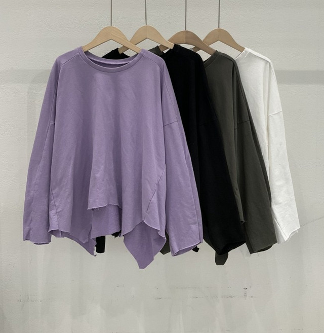 빅사이즈 무지 컷팅 언발 긴팔티셔츠