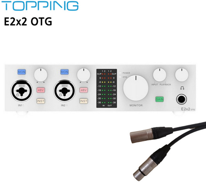 찬양랜드 Topping 국내 정품 토핑 프로 USB 오디오 인터페이스 +케이블 레코딩 보컬 녹음 방송용, WH, E2x2 OTG+마이크케이블