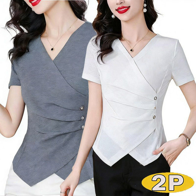 2장세트 여성 캐주얼 브이넥 슬림 반팔티 스판 셔링 언밸 반팔 블라우스