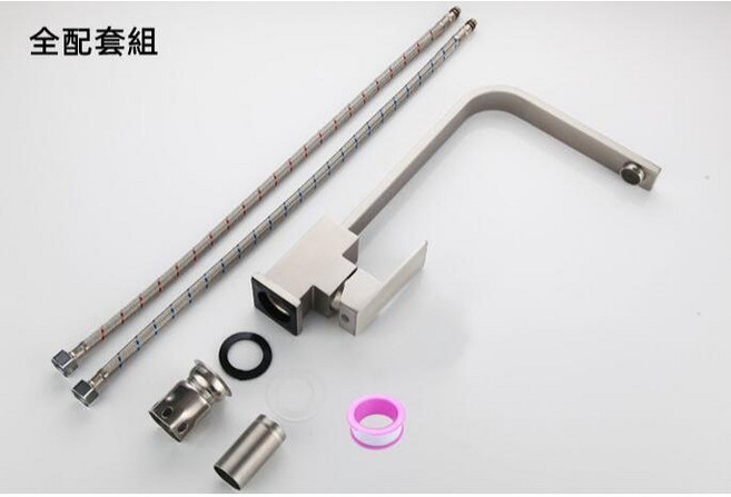 SUS304不銹鋼廚房水龍頭，檯面立式冷熱水龍頭，360度旋轉，無鉛加厚，適用洗碗洗菜盆水槽, 1個, K3038廚房四方造型旋轉水槽冷熱水龍頭