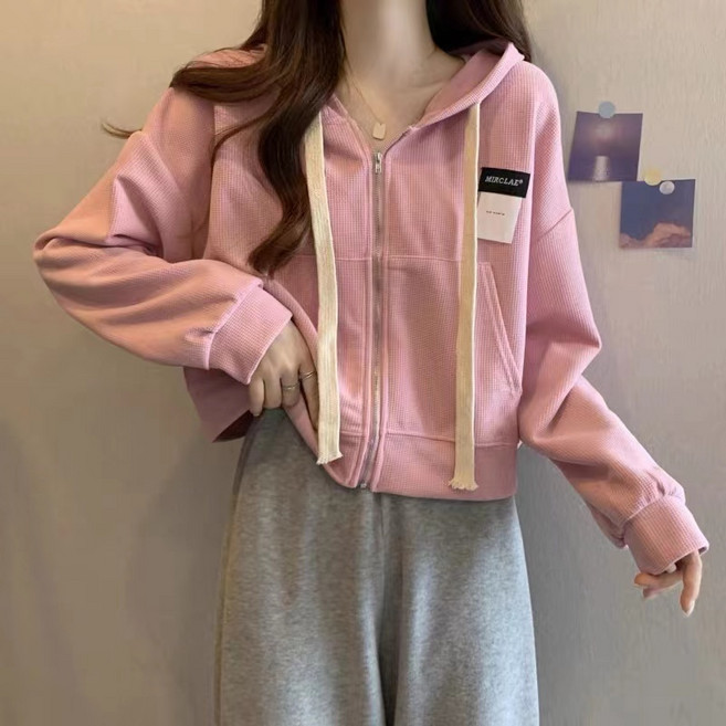 COSYEVNO 후드 집업 여성용 봄 캐주얼 와플지 긴팔 숏코트