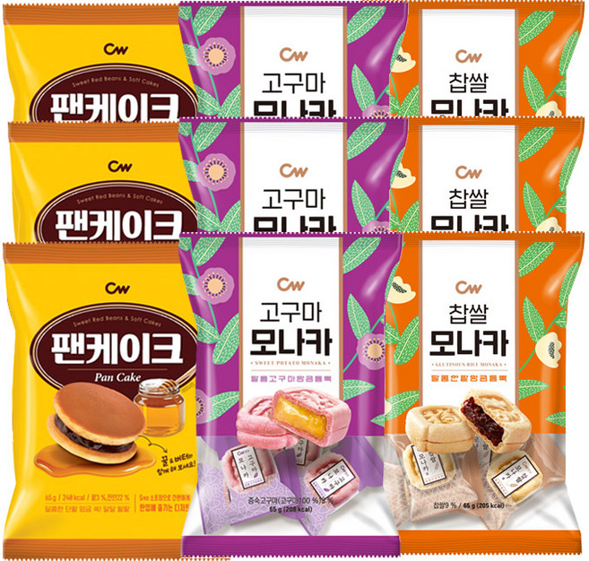 청우 모나카팬케익3종 소포장, 1세트, 찹쌀모나카3봉+고구마모나카3봉+팬케익3봉