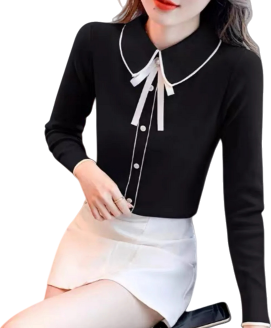 Makone 여성 봄 가을 카라넥 오피스 티셔츠 리본 니트 블라우스