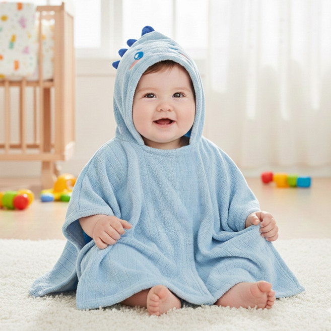수수베베 다이노 아기 판초 후드 타올, 블루, 1개