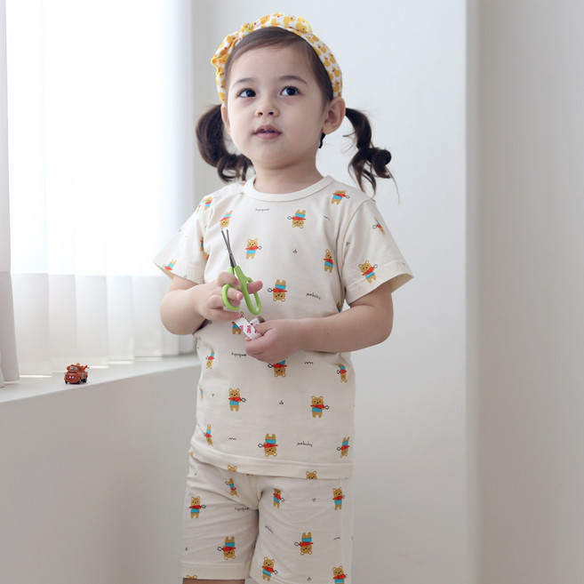 잼베이비 유아동 5부 실내복 50수 100수 면스판 베이지 어린이 상하세트 얇고 탄탄하고 부드러운 고급원단